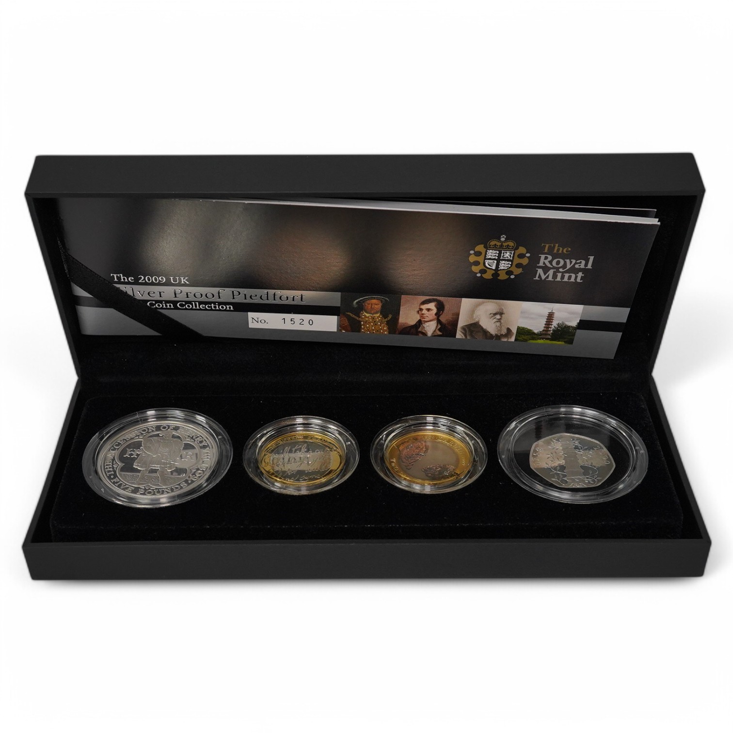 British coins, QEII Royal Mint, 2009 UK silver proof piedfort four coin collection, including the scarce Kew Gardens 50p, in case of issue with certificate